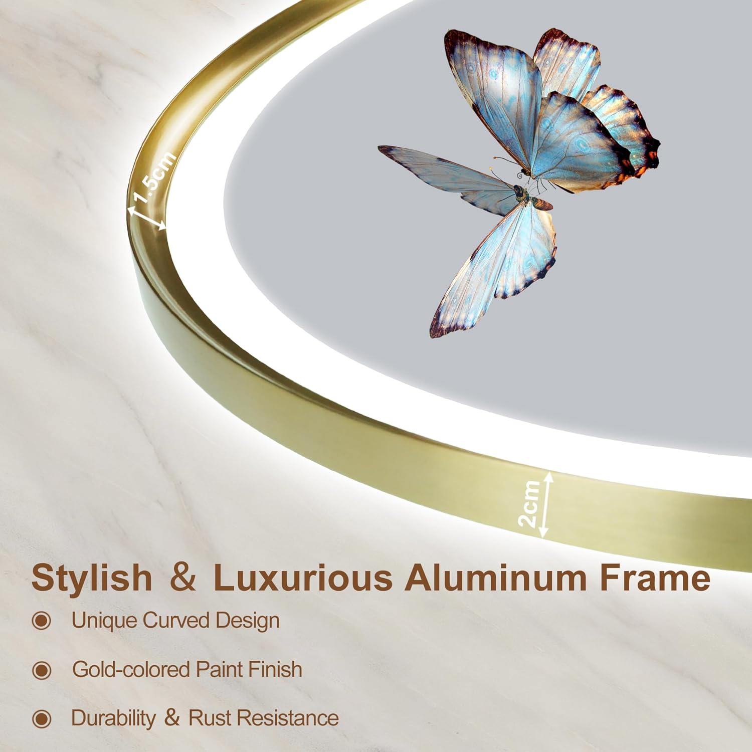 S'bagno Oval-Led-Bathroom-Mirror with Golden Frame Dimmable Brightness, Lghted-Bathroom-Mirror with Defogger